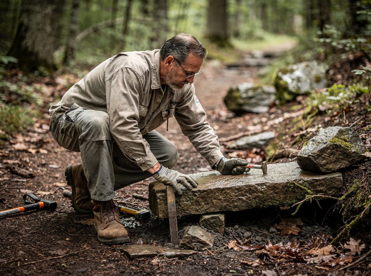 A trail-crew foreman kneels beside a partly set stone step with a rock bar in hand