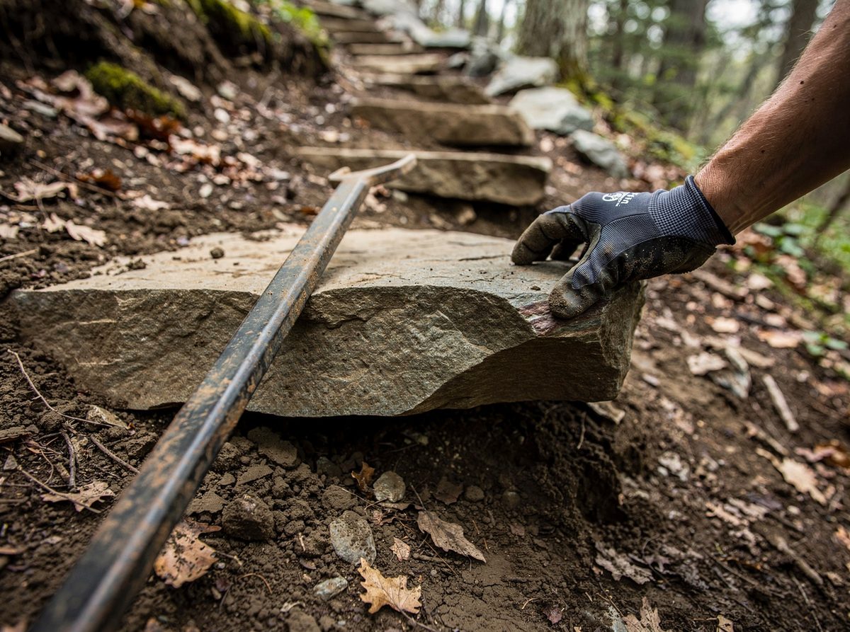 A gloved hand adjusts the edge of a partially set flat stone trail step