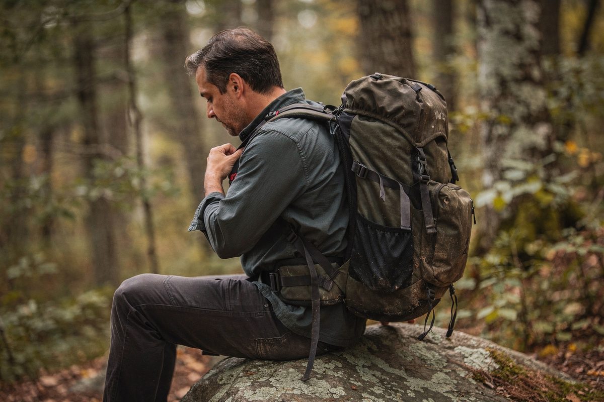 A hiker seated on a boulder adjusts an overnight pack's shoulder strap