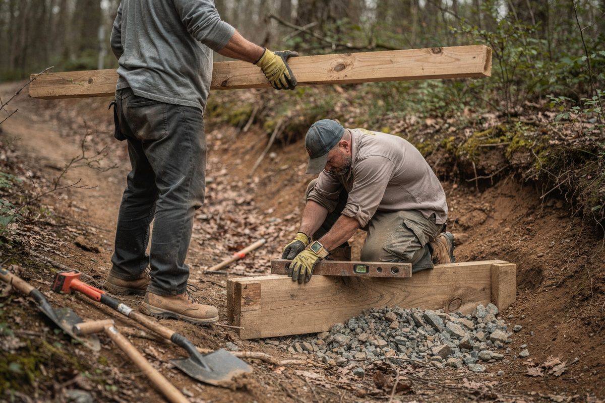 Two trail workers set a timber crib step into a steep slope with hand tools nearby